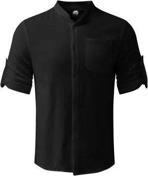 2023 Classic Fit Roll-Up Sleeve Thin Shirts for Men Solid Color Hi-Low Hem Lightweight Soft Button Down Pocket Summer Tops
