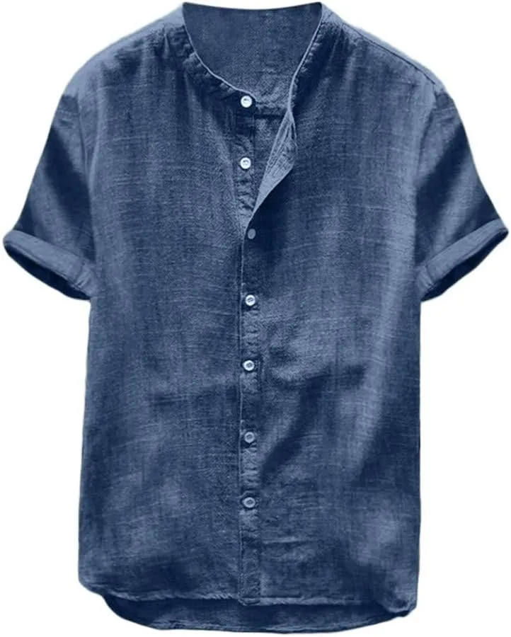 2023 Cotton Linen Yoga Beach Shirts for Men Solid Color Roll Up Sleeve Button Down Loose Fit Clothes Summer Collarless Tee