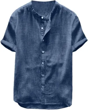 2023 Cotton Linen Yoga Beach Shirts for Men Solid Color Roll Up Sleeve Button Down Loose Fit Clothes Summer Collarless Tee