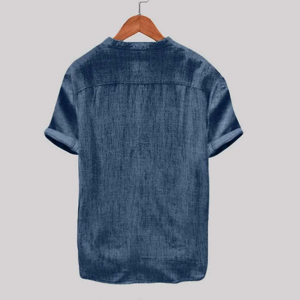 2023 Cotton Linen Yoga Beach Shirts for Men Solid Color Roll Up Sleeve Button Down Loose Fit Clothes Summer Collarless Tee