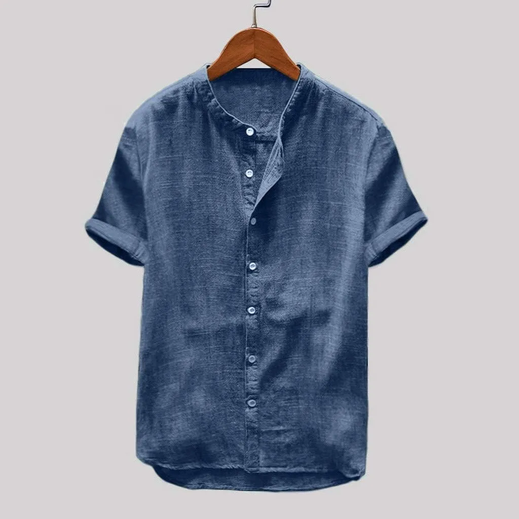 2023 Cotton Linen Yoga Beach Shirts for Men Solid Color Roll Up Sleeve Button Down Loose Fit Clothes Summer Collarless Tee