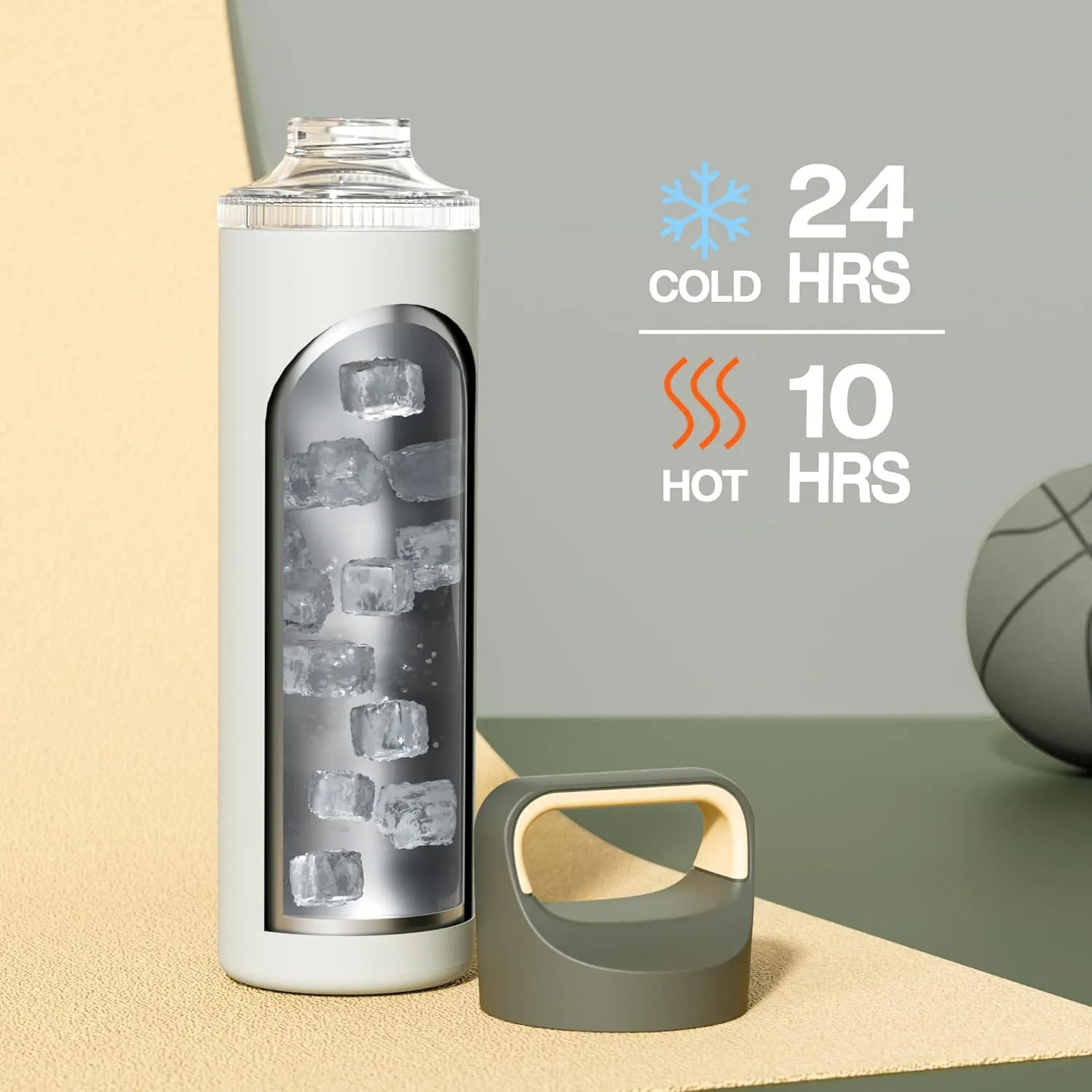 24 oz Insulated Water Bottle for Camping: 3 Lids, Leakproof, Keep Cold 24H, Car Cupholder Friendly, Stainless Steel Water Flask with Straw and Spout Caps for Sports, Gym, School, Cycling (Sage Gray)