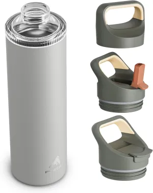 24 oz Insulated Water Bottle for Camping: 3 Lids, Leakproof, Keep Cold 24H, Car Cupholder Friendly, Stainless Steel Water Flask with Straw and Spout Caps for Sports, Gym, School, Cycling (Sage Gray)