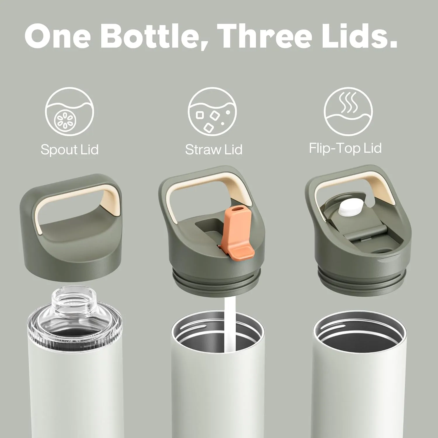 24 oz Insulated Water Bottle for Camping: 3 Lids, Leakproof, Keep Cold 24H, Car Cupholder Friendly, Stainless Steel Water Flask with Straw and Spout Caps for Sports, Gym, School, Cycling (Sage Gray)