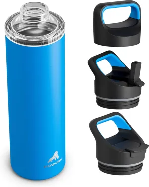 24 oz Insulated Water Bottle for School: 3 Lids, Leakproof, Keep Cold 24H, Car Cupholder Friendly, Stainless Steel Water Flask with Straw and Spout Caps for Sports, Gym, Work, Cycling (Lake Blue)