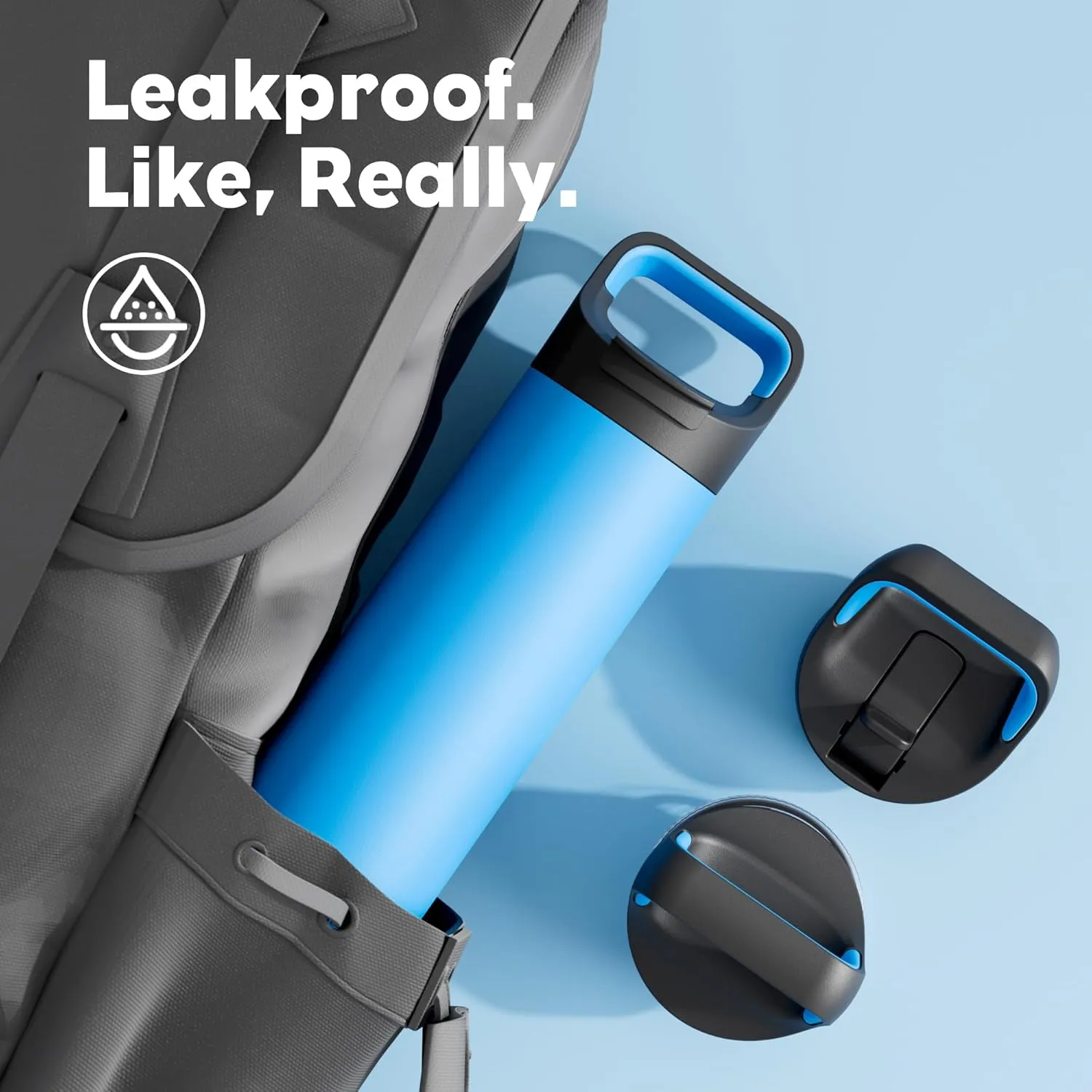 24 oz Insulated Water Bottle for School: 3 Lids, Leakproof, Keep Cold 24H, Car Cupholder Friendly, Stainless Steel Water Flask with Straw and Spout Caps for Sports, Gym, Work, Cycling (Lake Blue)