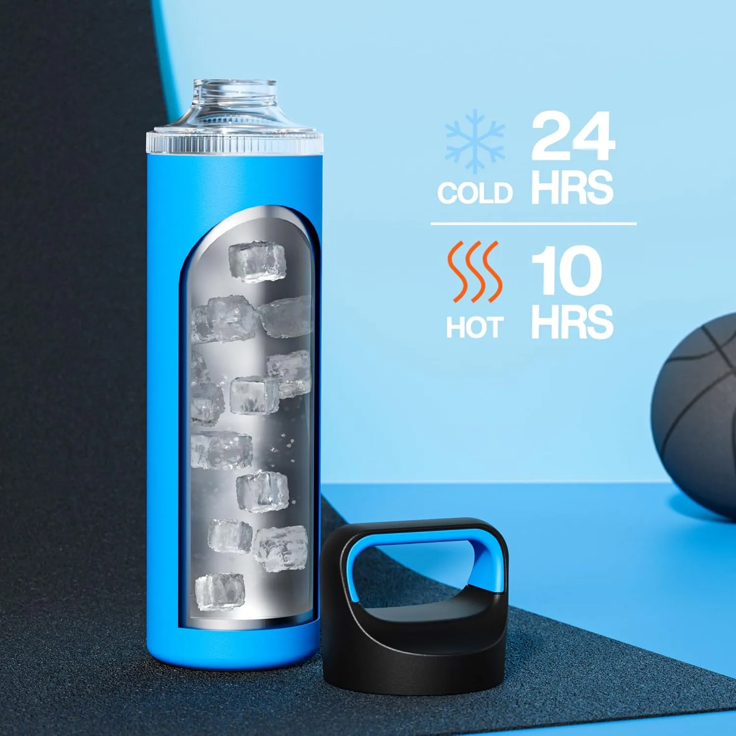 24 oz Insulated Water Bottle for School: 3 Lids, Leakproof, Keep Cold 24H, Car Cupholder Friendly, Stainless Steel Water Flask with Straw and Spout Caps for Sports, Gym, Work, Cycling (Lake Blue)