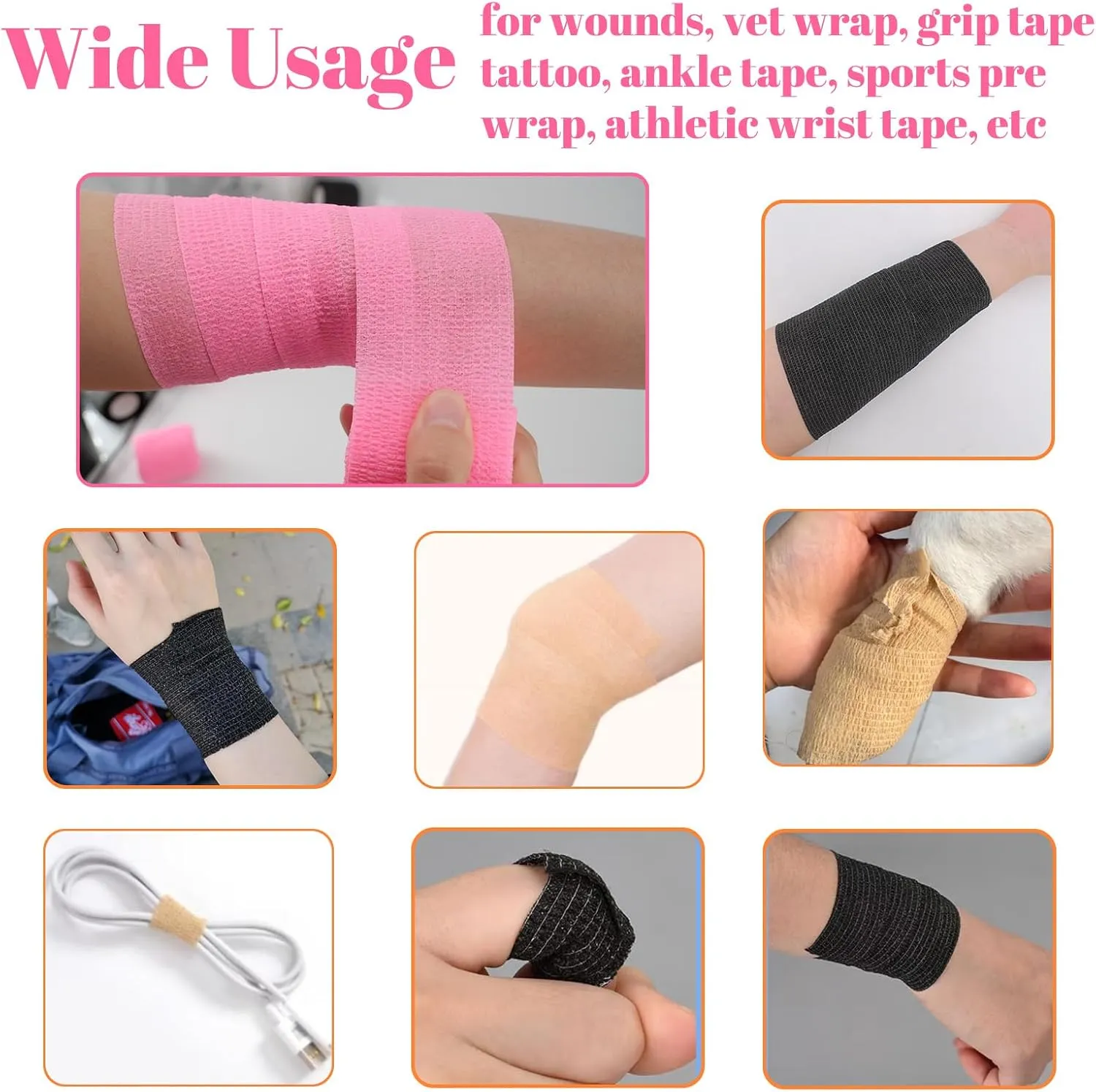 24 Rolls Self Adhesive Bandage Wrap, Vet Wrap 2 Inch, Dogs Bandages for Wounds Care Dressings, Elastic Self Stick Cohesive Bandage Wrap, Leg Wraps, Wrist Tape, Ankle, Sports, Tatto Grip Tape (Pink)