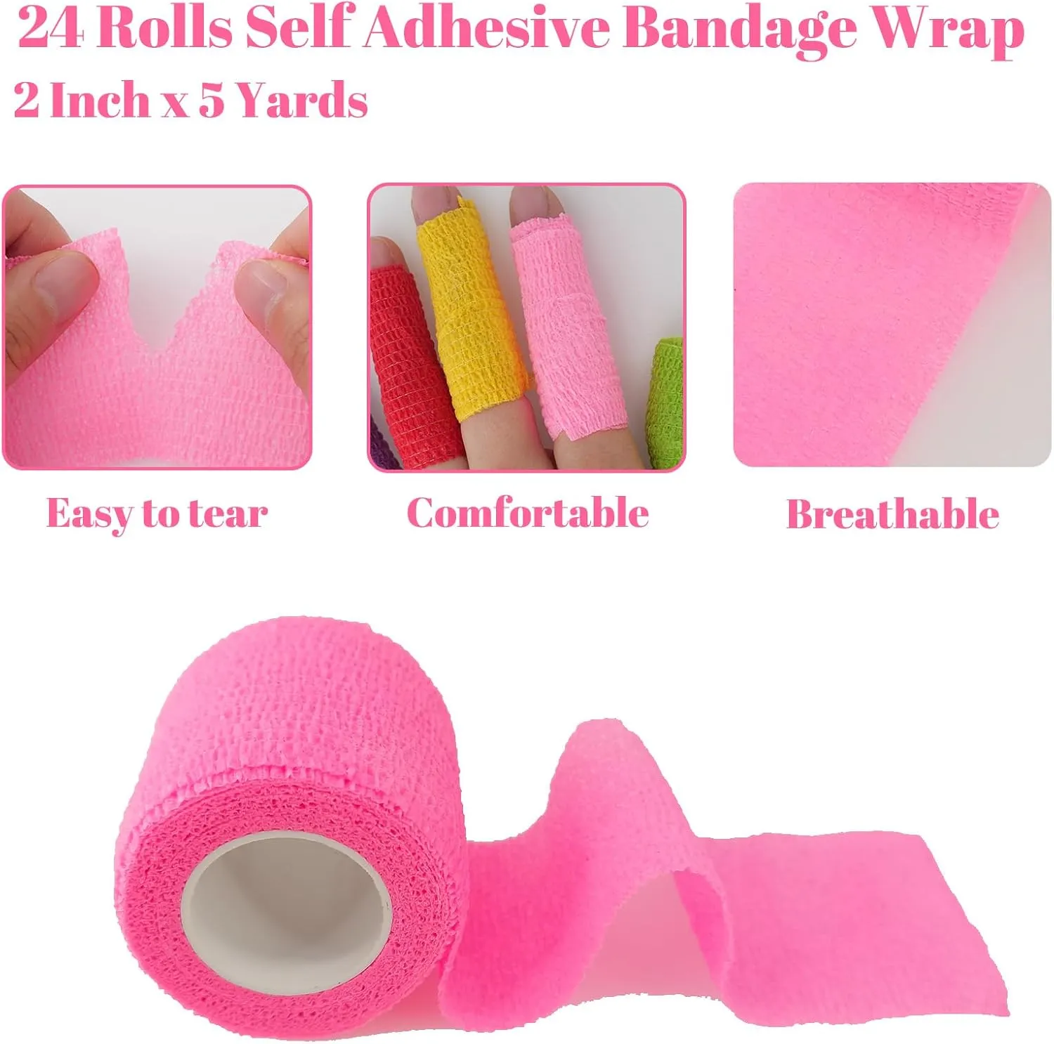24 Rolls Self Adhesive Bandage Wrap, Vet Wrap 2 Inch, Dogs Bandages for Wounds Care Dressings, Elastic Self Stick Cohesive Bandage Wrap, Leg Wraps, Wrist Tape, Ankle, Sports, Tatto Grip Tape (Pink)