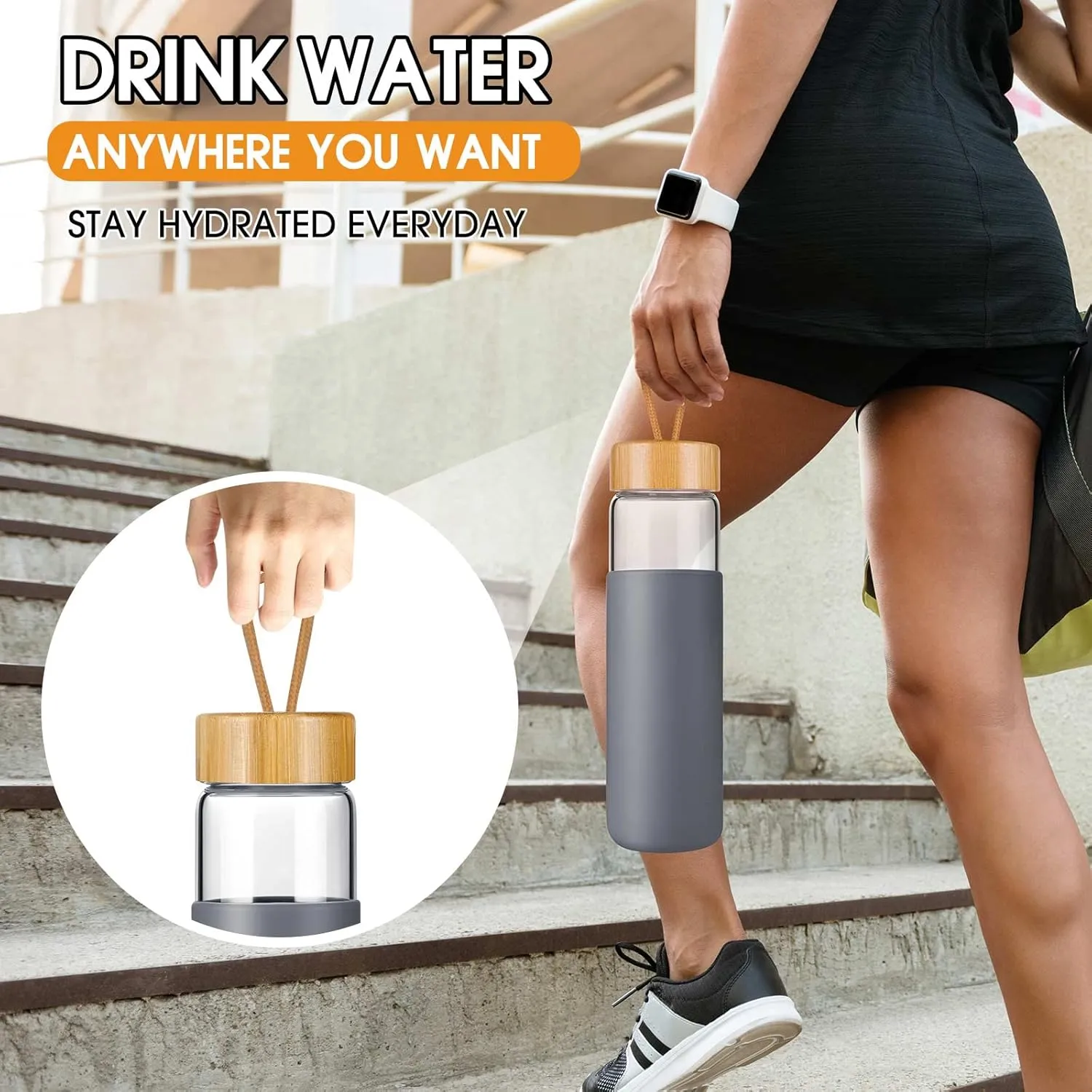 25 Oz Glass Water Bottle with Bamboo Lid - Borosilicate Glass Water Bottles with Sleeve, Wide Mouth and Dishwasher Safe Water Bottle Glass - Bonus 1x Brush(Charcoal Grey)