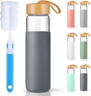 25 Oz Glass Water Bottle with Bamboo Lid - Borosilicate Glass Water Bottles with Sleeve, Wide Mouth and Dishwasher Safe Water Bottle Glass - Bonus 1x Brush(Charcoal Grey)