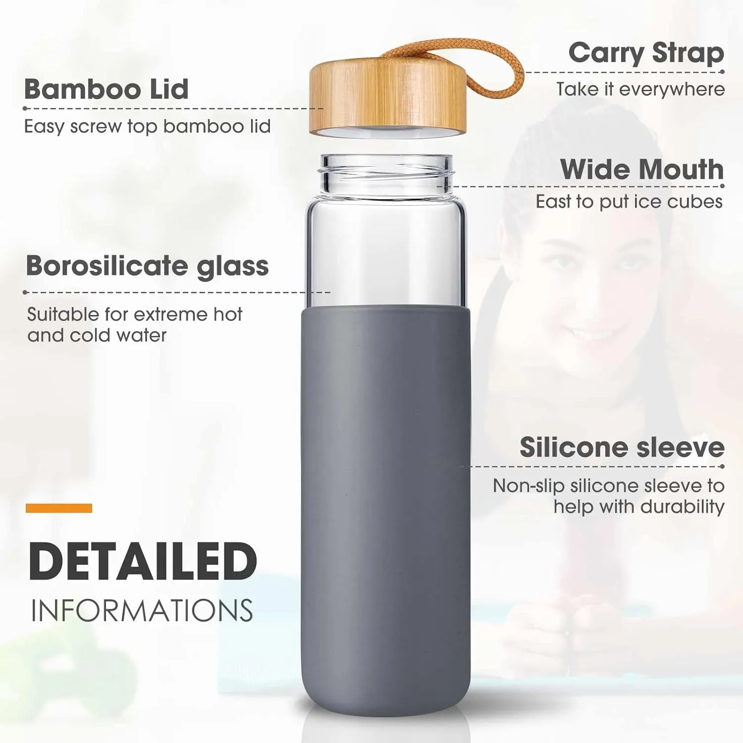 25 Oz Glass Water Bottle with Bamboo Lid - Borosilicate Glass Water Bottles with Sleeve, Wide Mouth and Dishwasher Safe Water Bottle Glass - Bonus 1x Brush(Charcoal Grey)