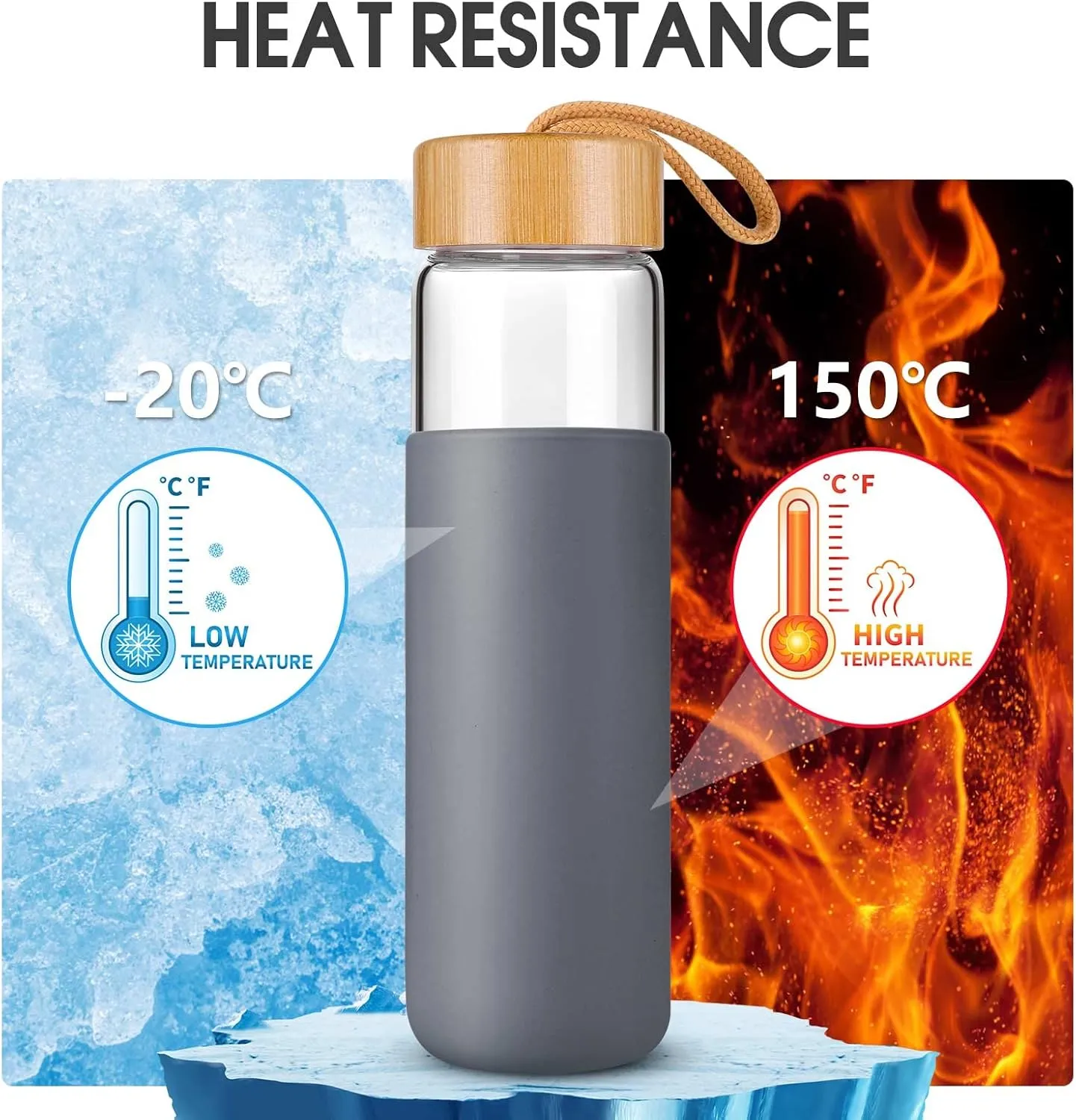 25 Oz Glass Water Bottle with Bamboo Lid - Borosilicate Glass Water Bottles with Sleeve, Wide Mouth and Dishwasher Safe Water Bottle Glass - Bonus 1x Brush(Charcoal Grey)