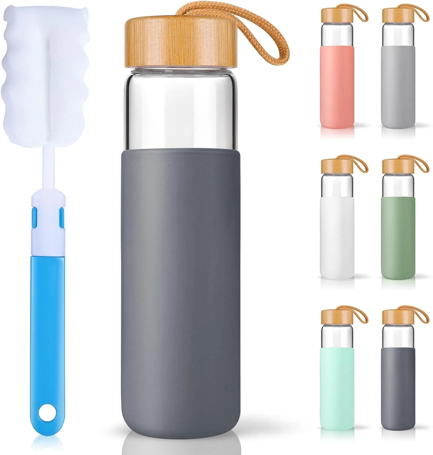 25 Oz Glass Water Bottle with Bamboo Lid - Borosilicate Glass Water Bottles with Sleeve, Wide Mouth and Dishwasher Safe Water Bottle Glass - Bonus 1x Brush(Charcoal Grey)