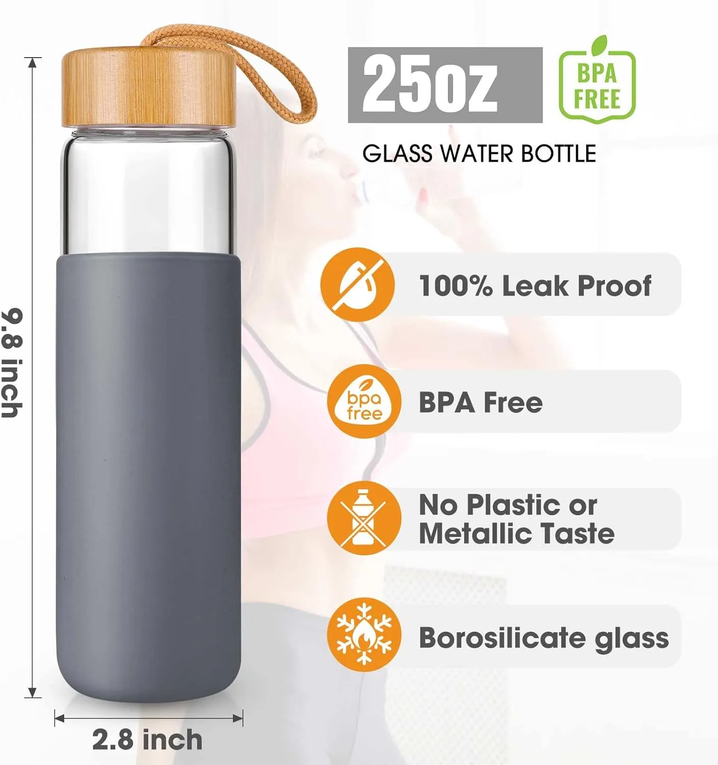 25 Oz Glass Water Bottle with Bamboo Lid - Borosilicate Glass Water Bottles with Sleeve, Wide Mouth and Dishwasher Safe Water Bottle Glass - Bonus 1x Brush(Charcoal Grey)