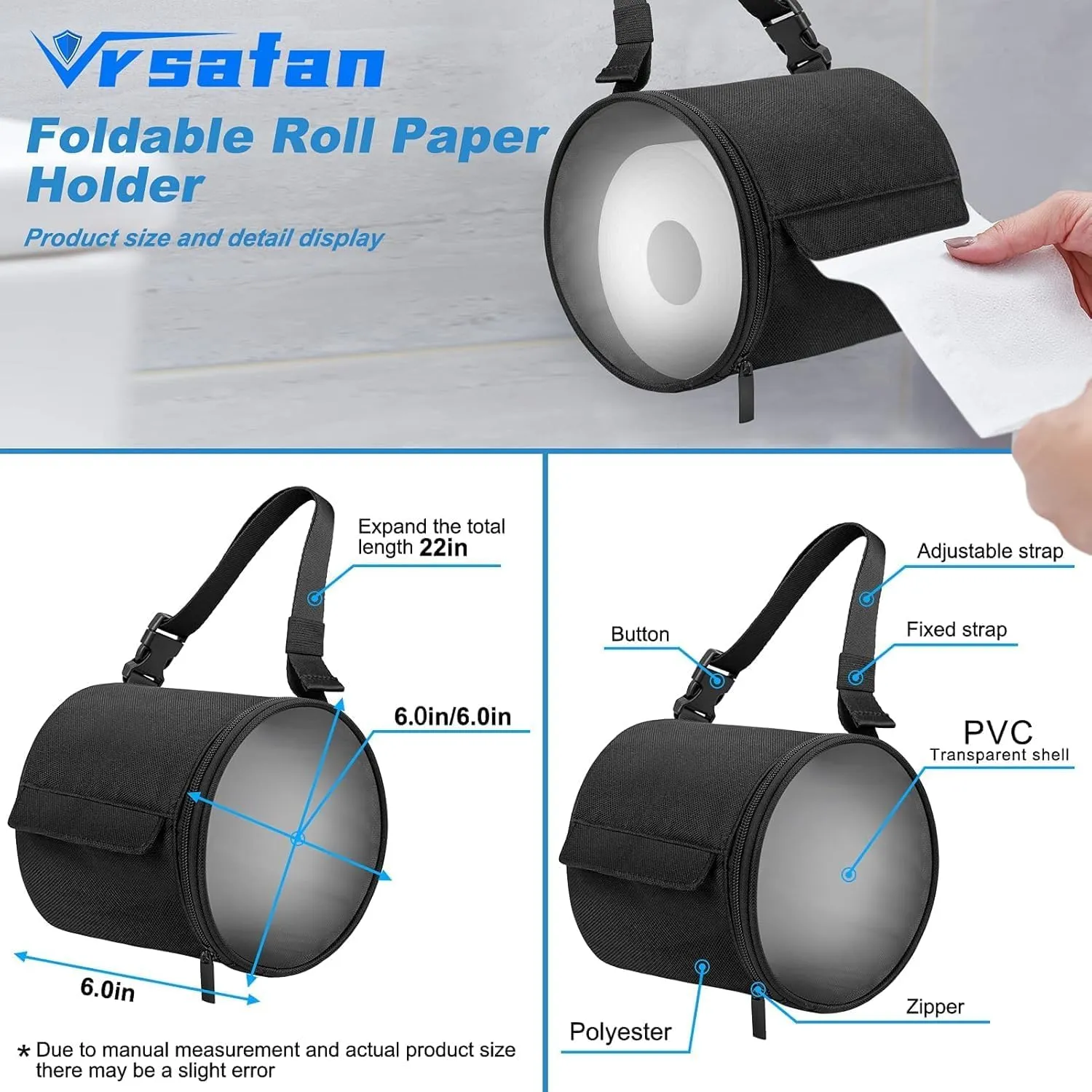 2Pack Toilet Paper Holder, Hanging Toilet Paper Dispenser Water & Dust-Proof Bathroom Containers, Foldable Roll Storage Bag and Adjust Dual Buckles Straps for Bathroom Kitchen Camping (Black)