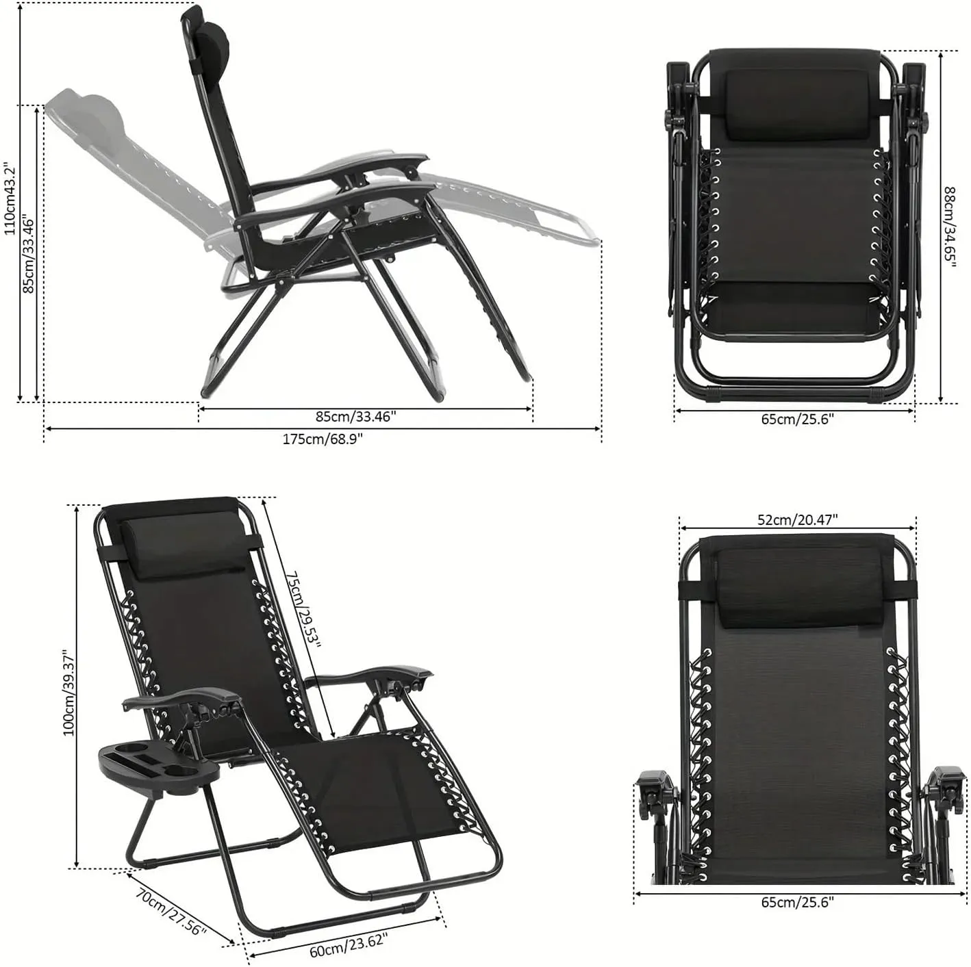 2PCS Zero Folding Camping Chairs with Cup Holder & Adjustable Headrest - Portable Patio Recliner Lounge Chair(Khaki)
