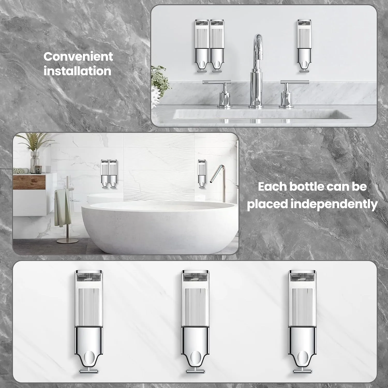 3-in-1 Quadrate Dispensers for The Shower,Shower soap Dispenser,Conditioner Dispenser, Shampoo Dispenser,No Drilled Wall Mounted Distributor,Hotel,Bathroom,Home (Triple, Colorless)