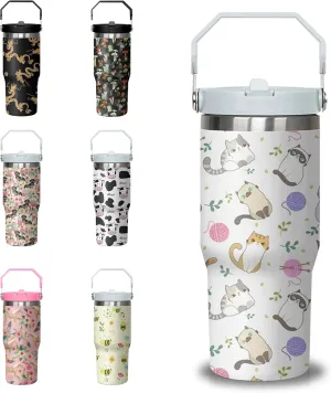 30 oz Cute Cat Tumbler with Handle and Flip Straw, Stainless Steel Insulated Cup with Lid and Straw,Travel Coffee Mug Water Bottle,Christmas Birthday Mothers Day Gifts for Women Animal Lovers