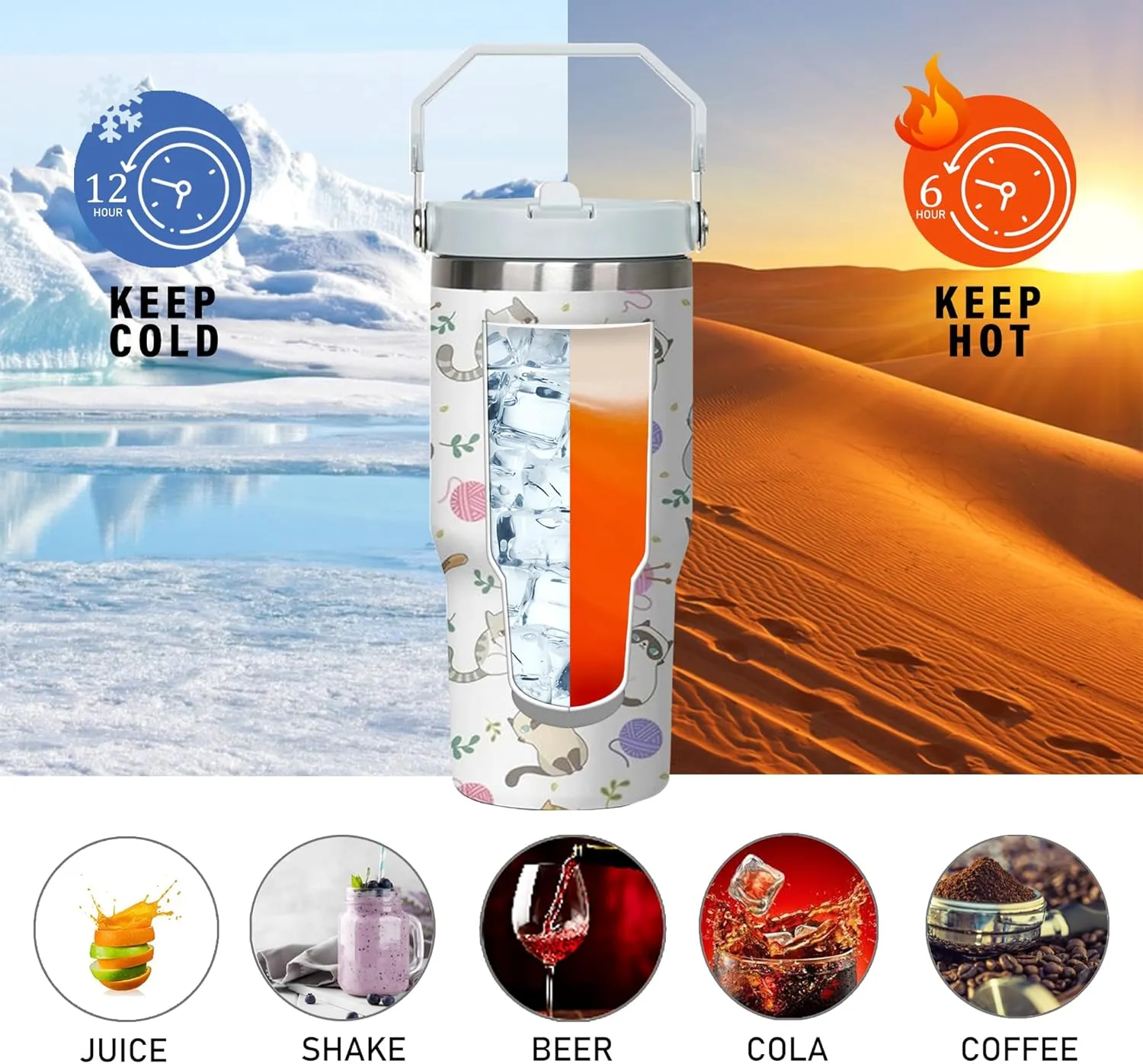 30 oz Cute Cat Tumbler with Handle and Flip Straw, Stainless Steel Insulated Cup with Lid and Straw,Travel Coffee Mug Water Bottle,Christmas Birthday Mothers Day Gifts for Women Animal Lovers