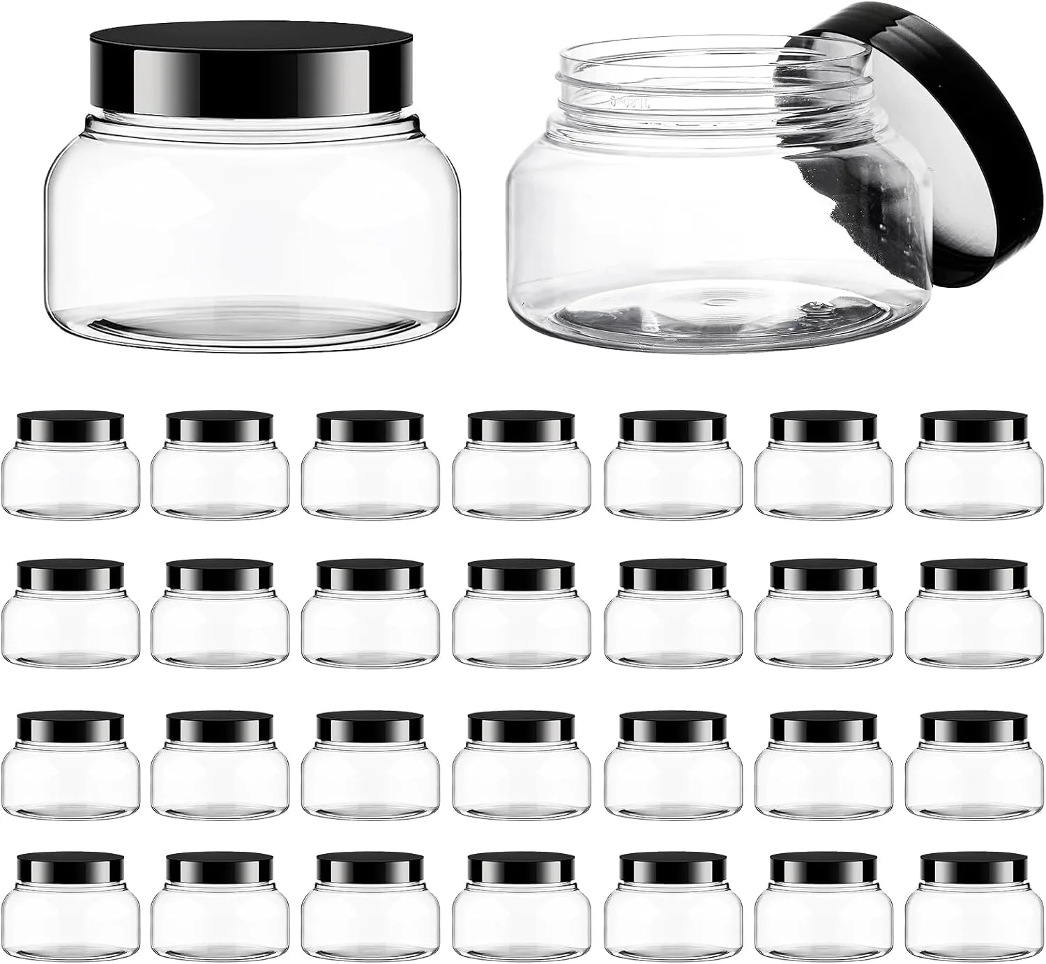 30 Pack Clear Plastic Jars 8oz with Lids - Sugar Scrub Containers - Round, Low Profile Samples for Makeup, Body Butter, Creams, Travel Storage