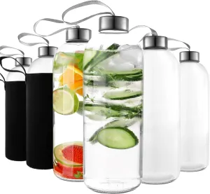 32 oz Glass Water Bottle Set of 6 - Clear Glass Bottles with Reusable Lids and Protective Sleeves