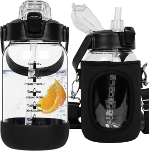 32 oz Glass Water Bottle with Straw and Time Marker, Large Motivational Borosilicate Glass Drinking Bottle with Silicone Boot and Sleeve