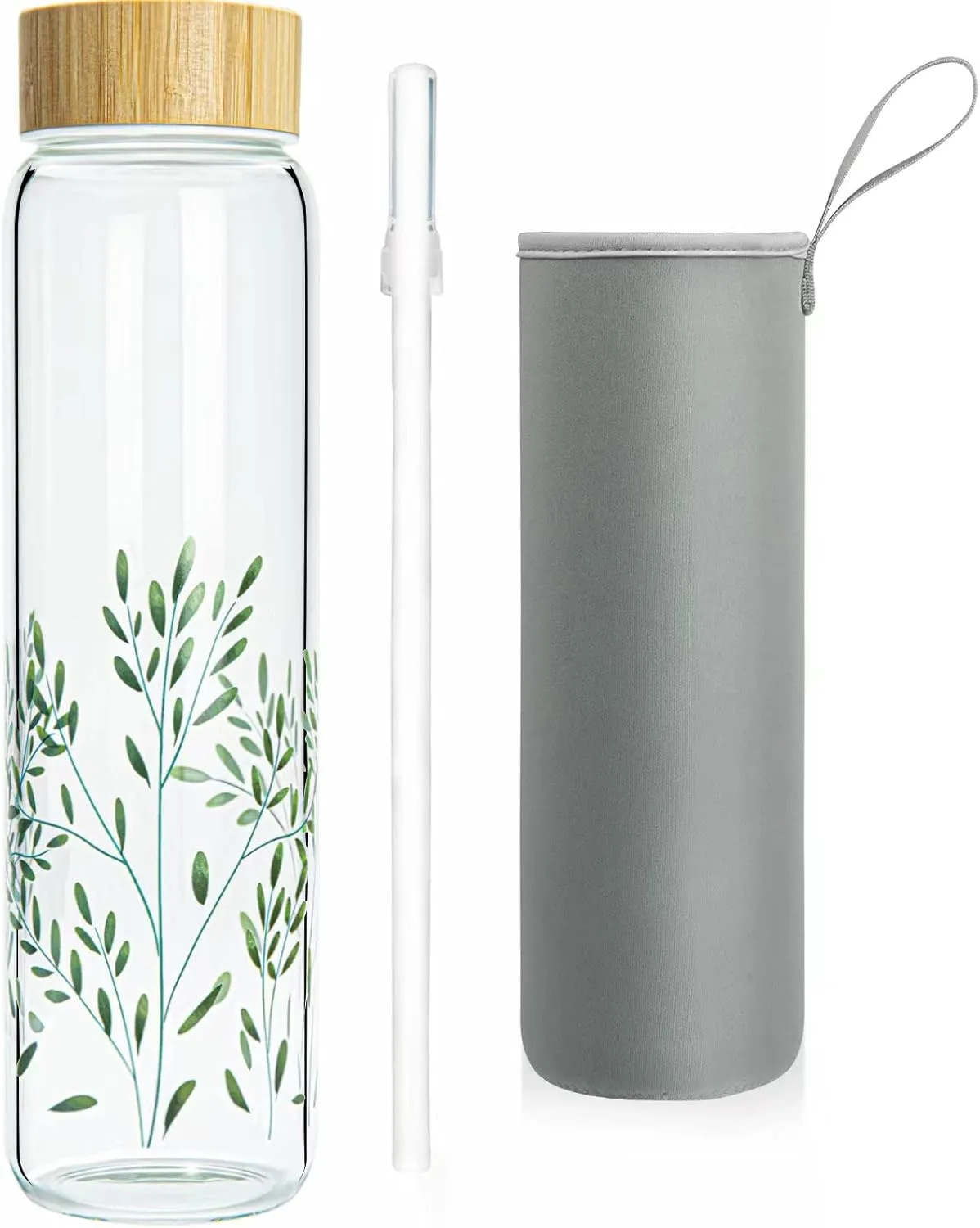 32 oz Glass Water Bottle with Straw, Wide Mouth Borosilicate Glass Bottle with Bamboo Lid and Neoprene Sleeve
