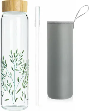 32 oz Glass Water Bottle with Straw, Wide Mouth Borosilicate Glass Bottle with Bamboo Lid and Neoprene Sleeve