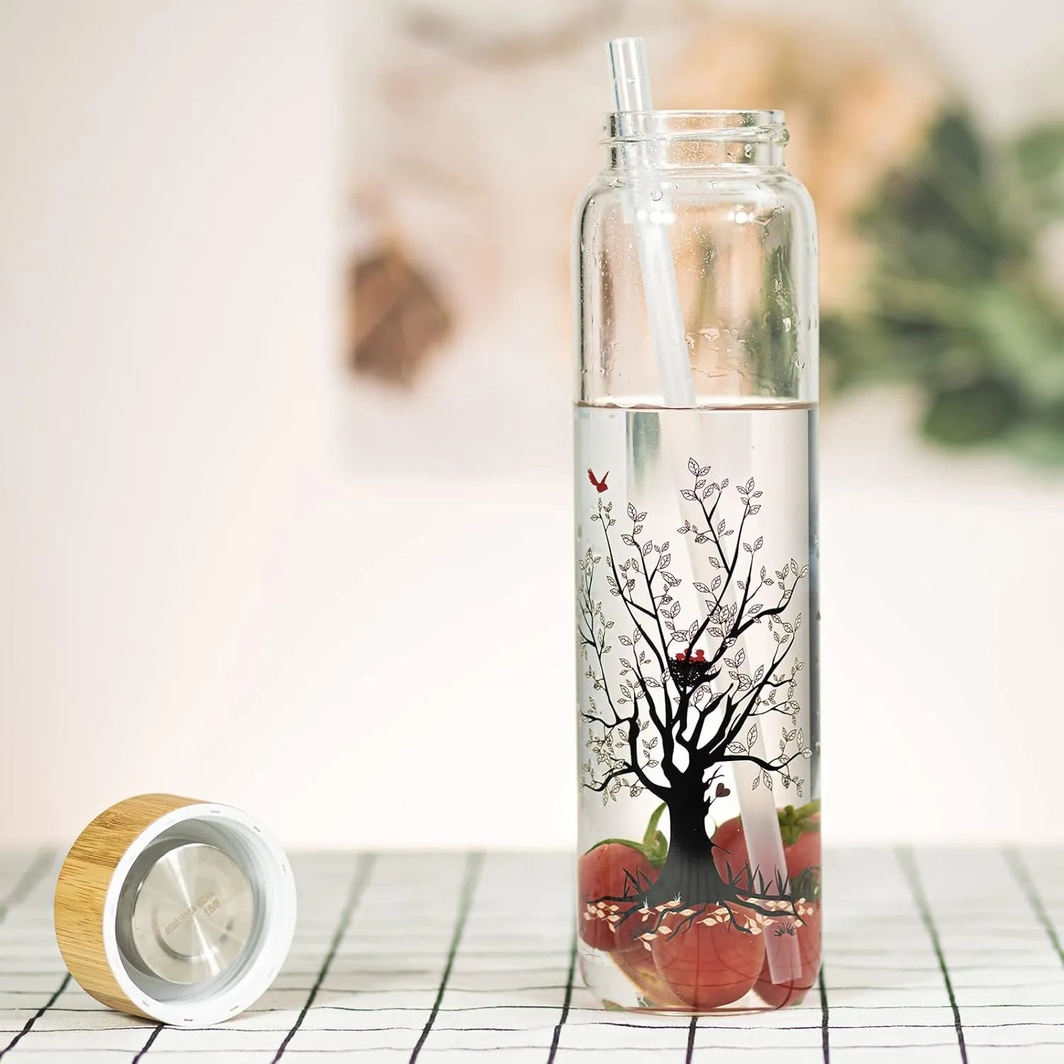 32 oz Glass Water Bottle with Straw, Wide Mouth Borosilicate Glass Bottle with Bamboo Lid and Neoprene Sleeve