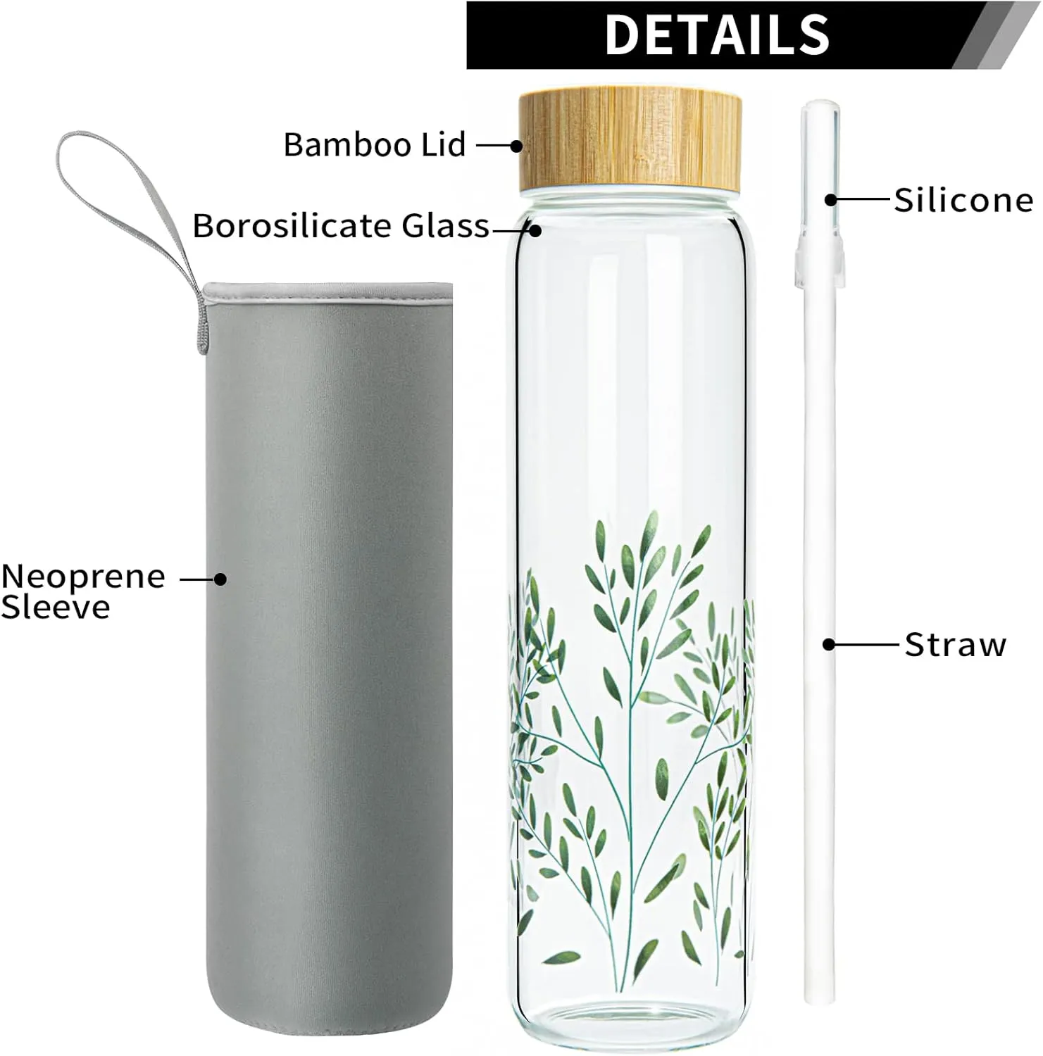 32 oz Glass Water Bottle with Straw, Wide Mouth Borosilicate Glass Bottle with Bamboo Lid and Neoprene Sleeve
