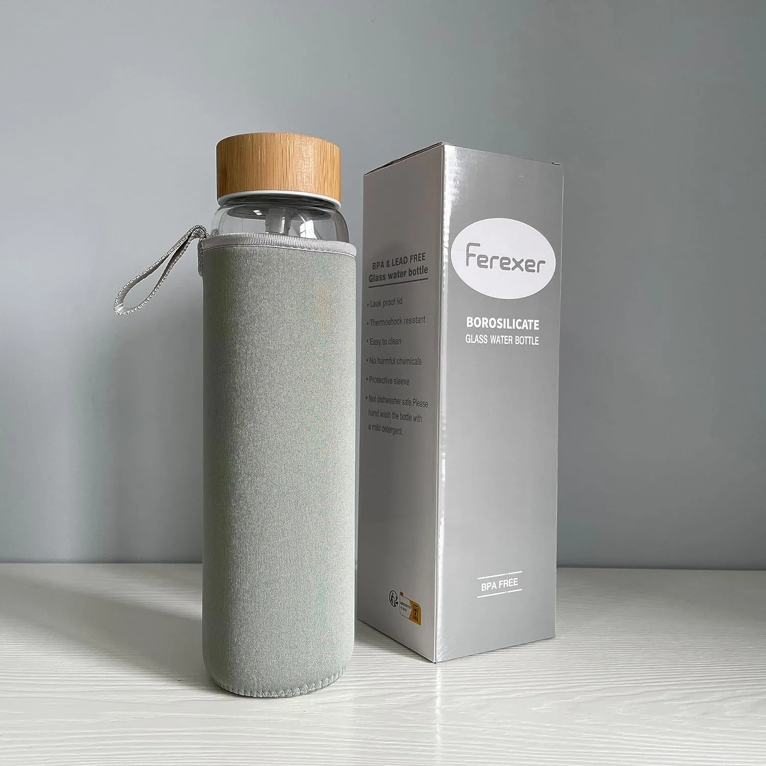 32 oz Glass Water Bottle with Straw, Wide Mouth Borosilicate Glass Bottle with Bamboo Lid and Neoprene Sleeve