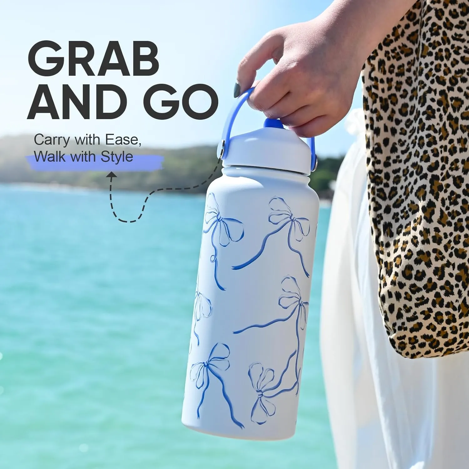 32 oz Insulated Water Bottle with Straw, Bow Water Bottle Stainless Steel with Flip Straw and Handle, Leak Proof, Metal, Reusable, Wide Mouth, for Travel, Gym and School (Breeze Blue Bow)