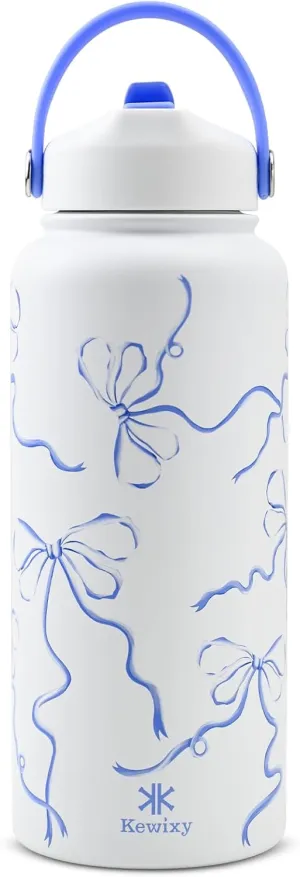 32 oz Insulated Water Bottle with Straw, Bow Water Bottle Stainless Steel with Flip Straw and Handle, Leak Proof, Metal, Reusable, Wide Mouth, for Travel, Gym and School (Breeze Blue Bow)