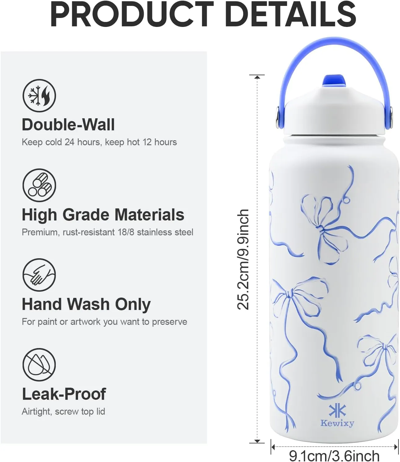 32 oz Insulated Water Bottle with Straw, Bow Water Bottle Stainless Steel with Flip Straw and Handle, Leak Proof, Metal, Reusable, Wide Mouth, for Travel, Gym and School (Breeze Blue Bow)