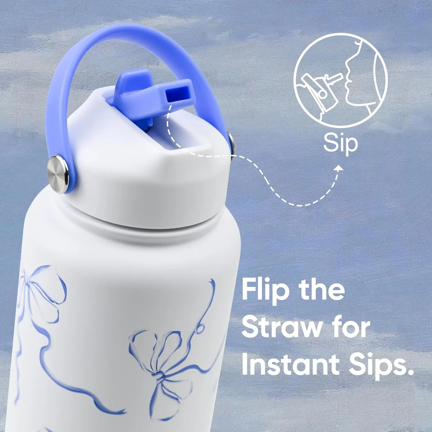 32 oz Insulated Water Bottle with Straw, Bow Water Bottle Stainless Steel with Flip Straw and Handle, Leak Proof, Metal, Reusable, Wide Mouth, for Travel, Gym and School (Breeze Blue Bow)