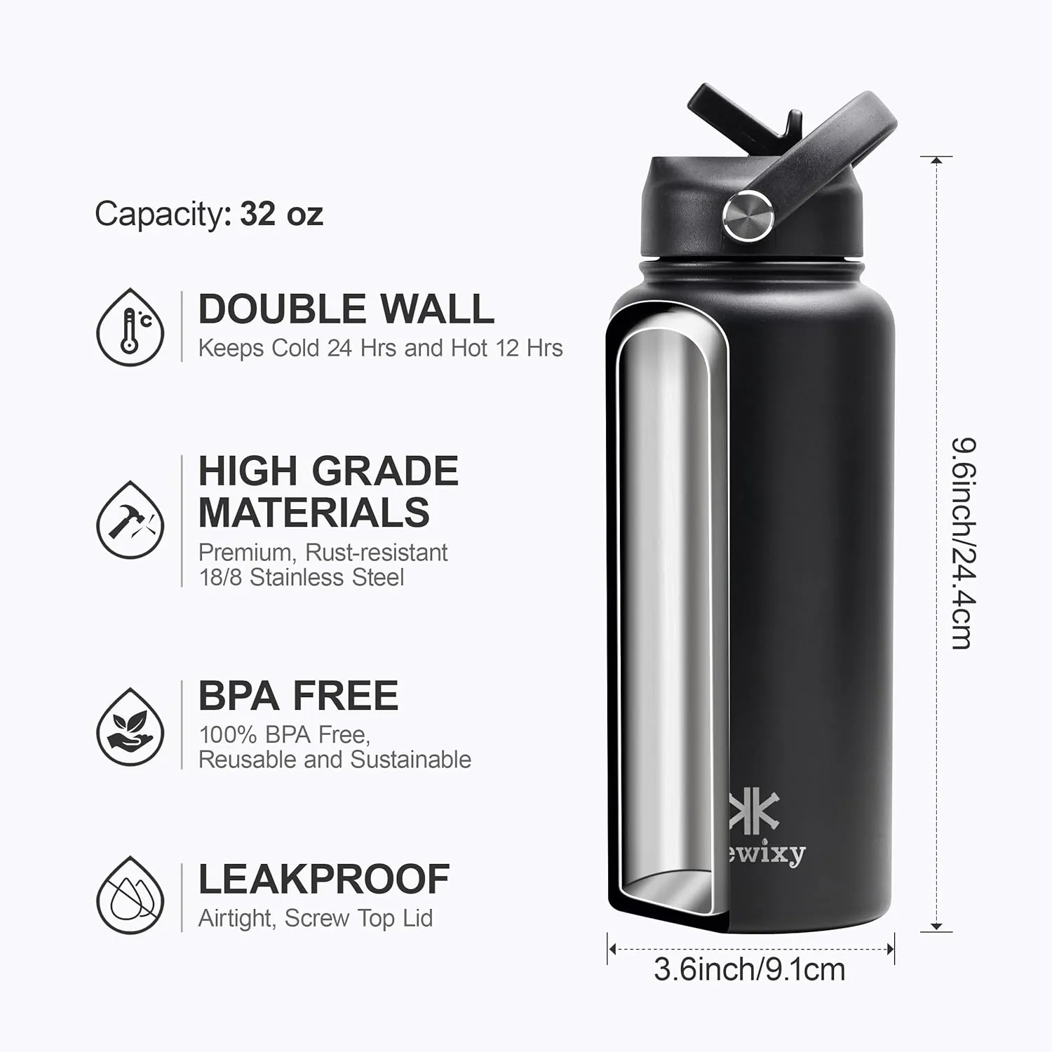 32 oz Insulated Water Bottle with Straw, Leak Proof Water Bottle Stainless Steel with Flip Straw and Handle, Metal, Reusable, Wide Mouth, for Travel, Gym and School (Carbon Black)