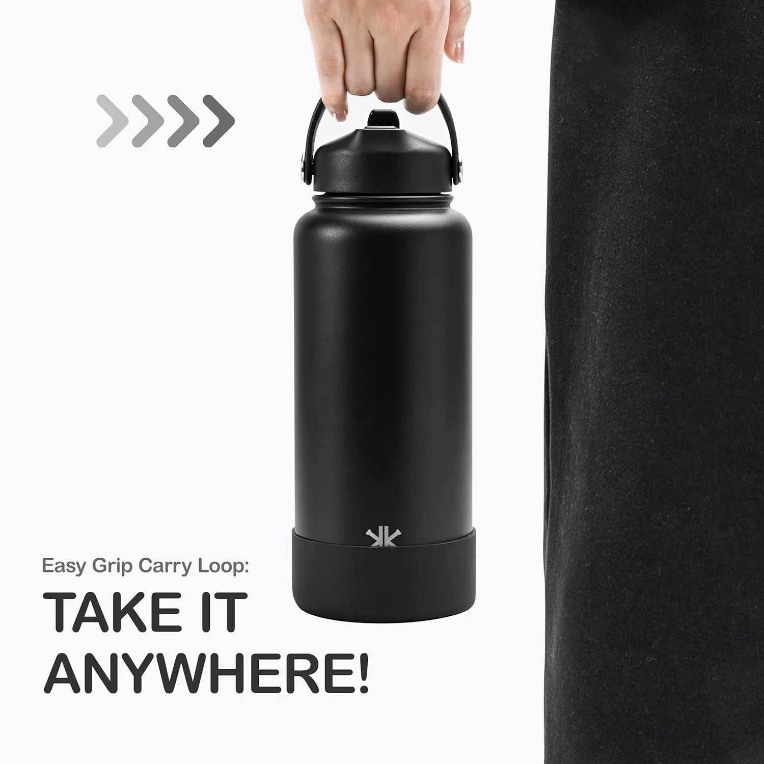 32 oz Insulated Water Bottle with Straw, Leak Proof Water Bottle Stainless Steel with Flip Straw and Handle, Metal, Reusable, Wide Mouth, for Travel, Gym and School (Carbon Black)