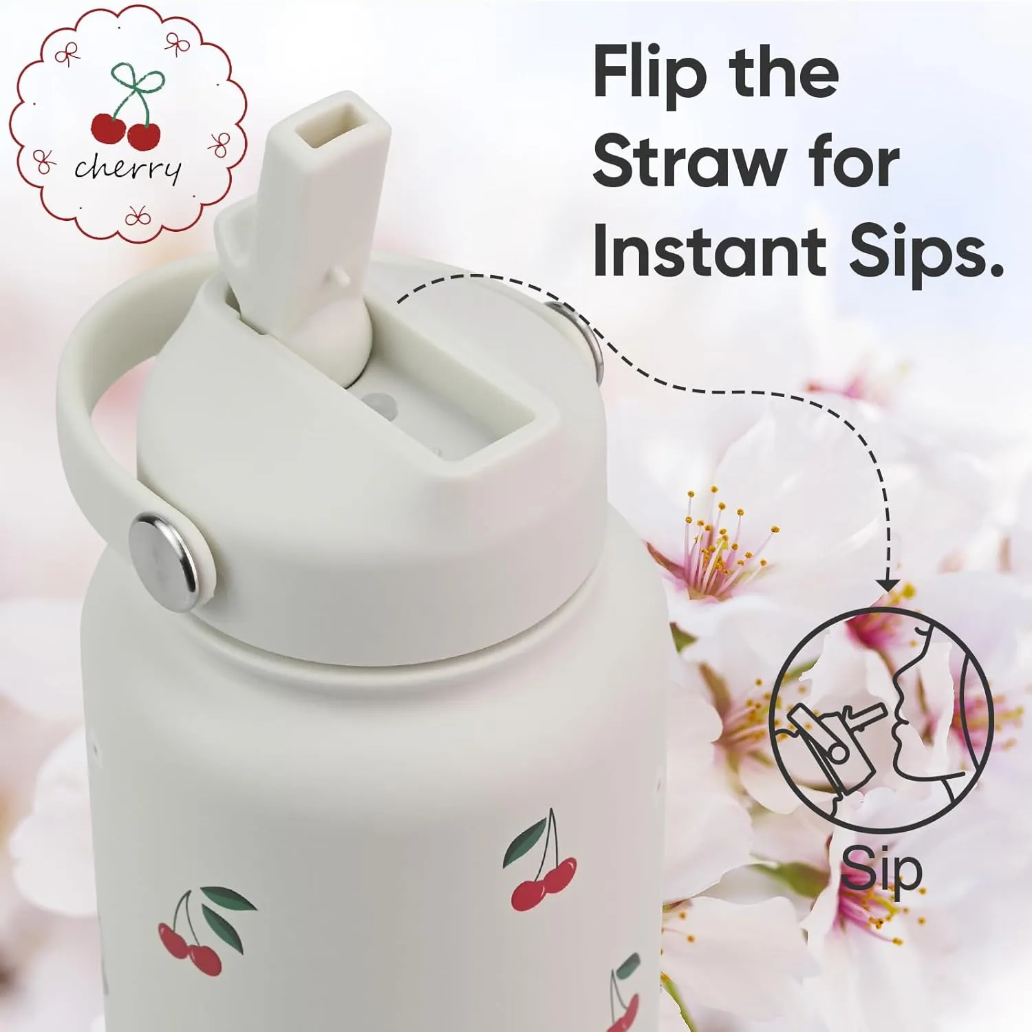 32 oz Insulated Water Bottle with Straw, Leak Proof Water Bottle Stainless Steel with Flip Straw and Handle, Metal, Reusable, Wide Mouth, for Travel, Gym and School (Cream Cherry)