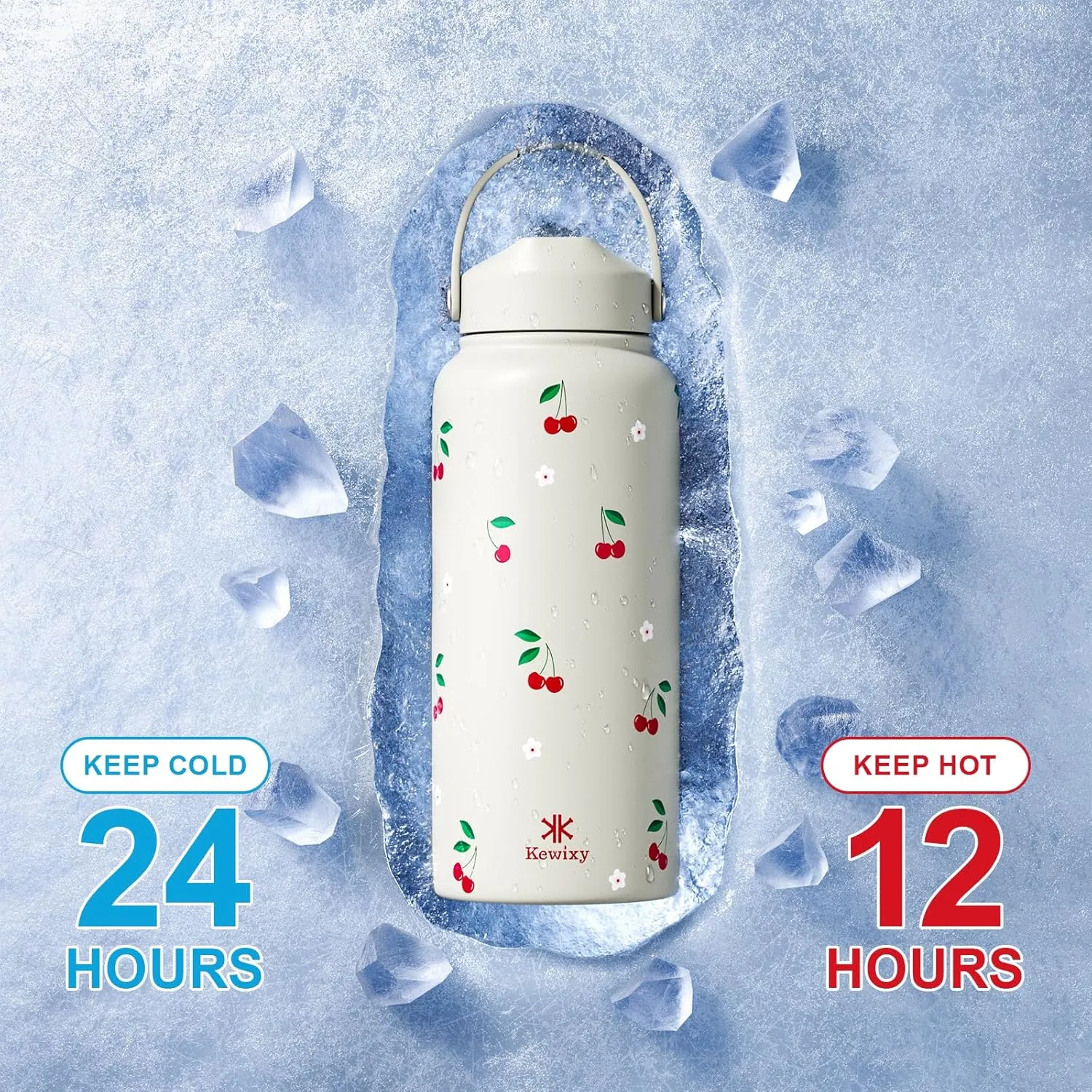 32 oz Insulated Water Bottle with Straw, Leak Proof Water Bottle Stainless Steel with Flip Straw and Handle, Metal, Reusable, Wide Mouth, for Travel, Gym and School (Cream Cherry)