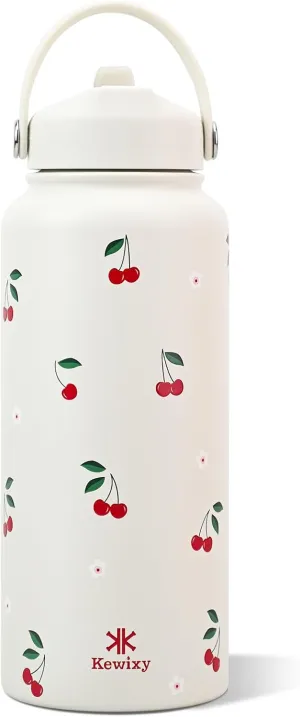 32 oz Insulated Water Bottle with Straw, Leak Proof Water Bottle Stainless Steel with Flip Straw and Handle, Metal, Reusable, Wide Mouth, for Travel, Gym and School (Cream Cherry)