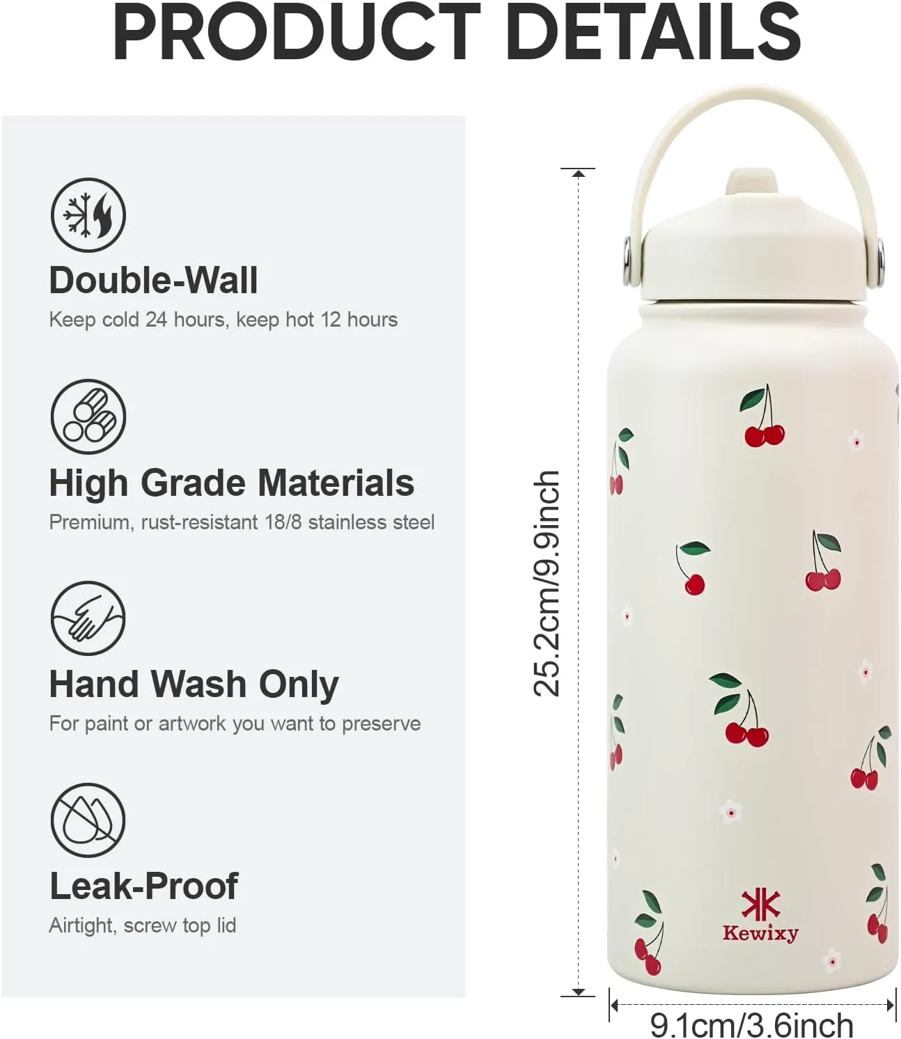32 oz Insulated Water Bottle with Straw, Leak Proof Water Bottle Stainless Steel with Flip Straw and Handle, Metal, Reusable, Wide Mouth, for Travel, Gym and School (Cream Cherry)