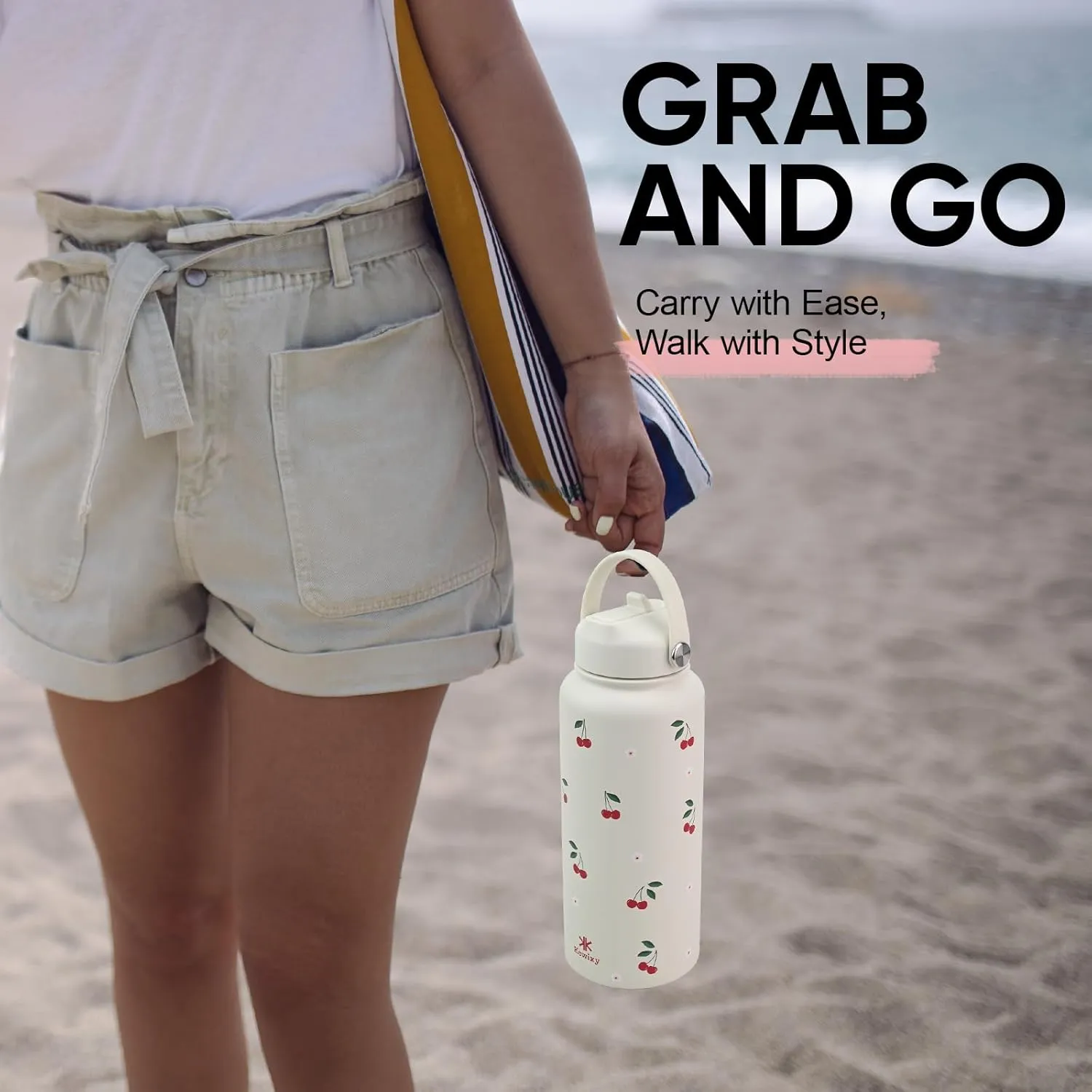32 oz Insulated Water Bottle with Straw, Leak Proof Water Bottle Stainless Steel with Flip Straw and Handle, Metal, Reusable, Wide Mouth, for Travel, Gym and School (Cream Cherry)