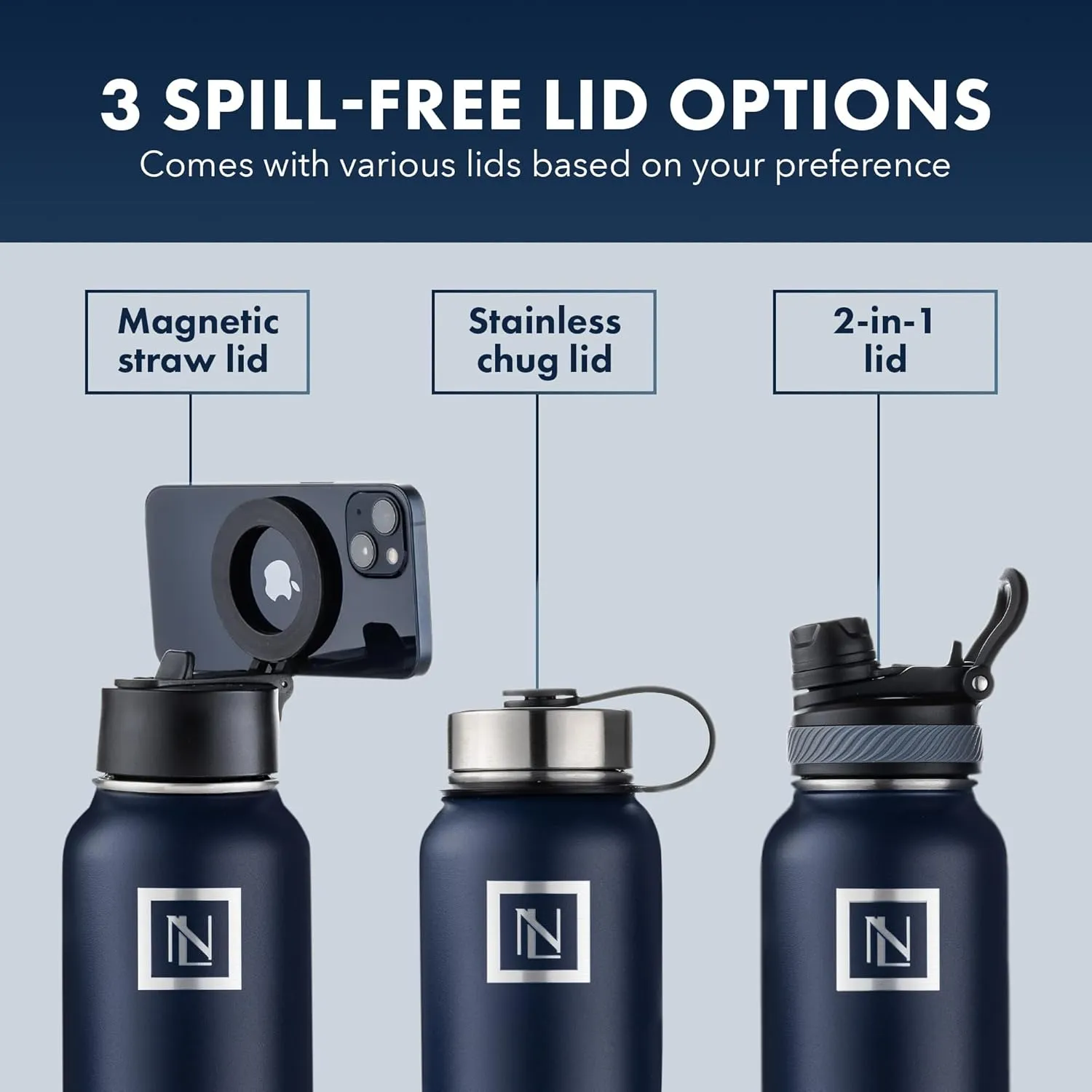 32 Oz Water Bottle With Magnetic Phone Holder Lid, Hydration Flask, Wide Mouth Stainless Steel Water Bottle With 3 Lids Straw & Spout Lid, Double Walled Insulated Thermos (Navy)
