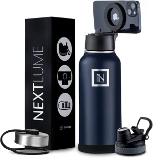 32 Oz Water Bottle With Magnetic Phone Holder Lid, Hydration Flask, Wide Mouth Stainless Steel Water Bottle With 3 Lids Straw & Spout Lid, Double Walled Insulated Thermos (Navy)