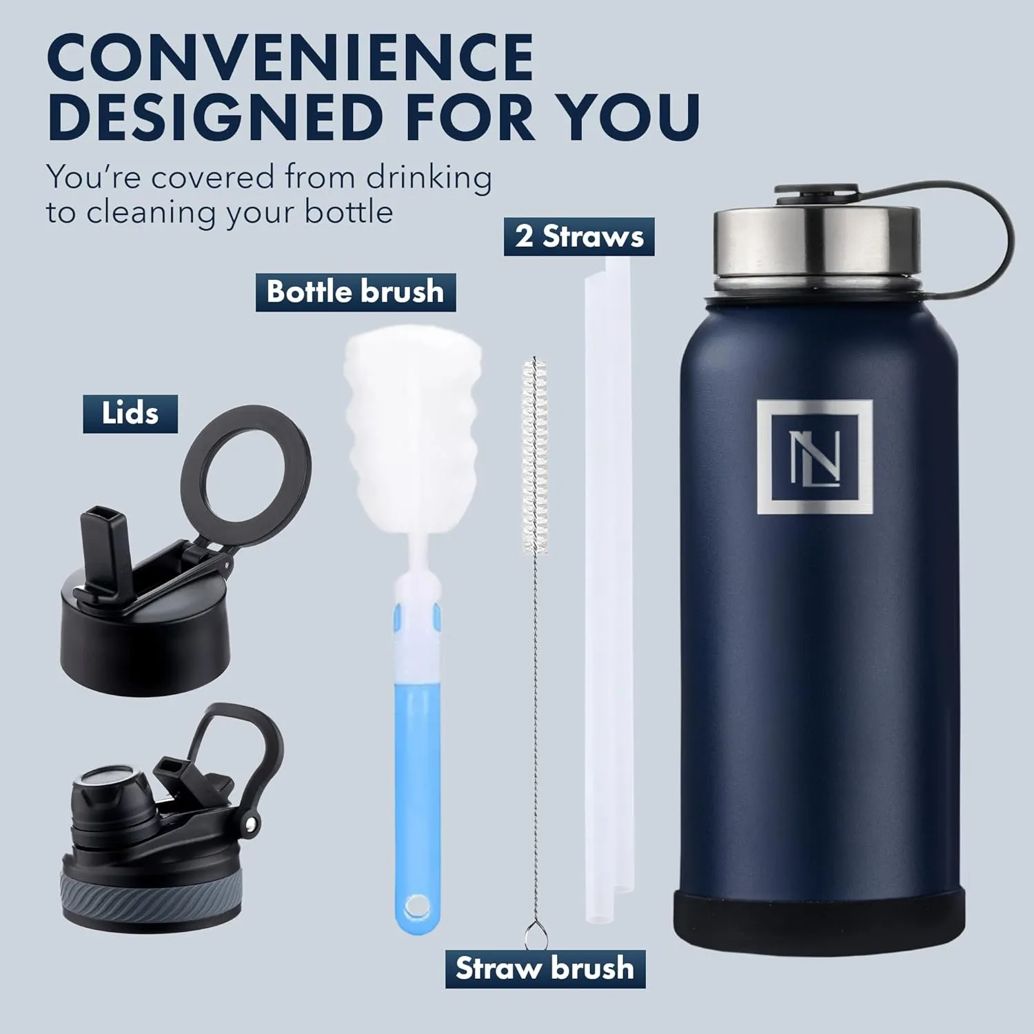 32 Oz Water Bottle With Magnetic Phone Holder Lid, Hydration Flask, Wide Mouth Stainless Steel Water Bottle With 3 Lids Straw & Spout Lid, Double Walled Insulated Thermos (Navy)
