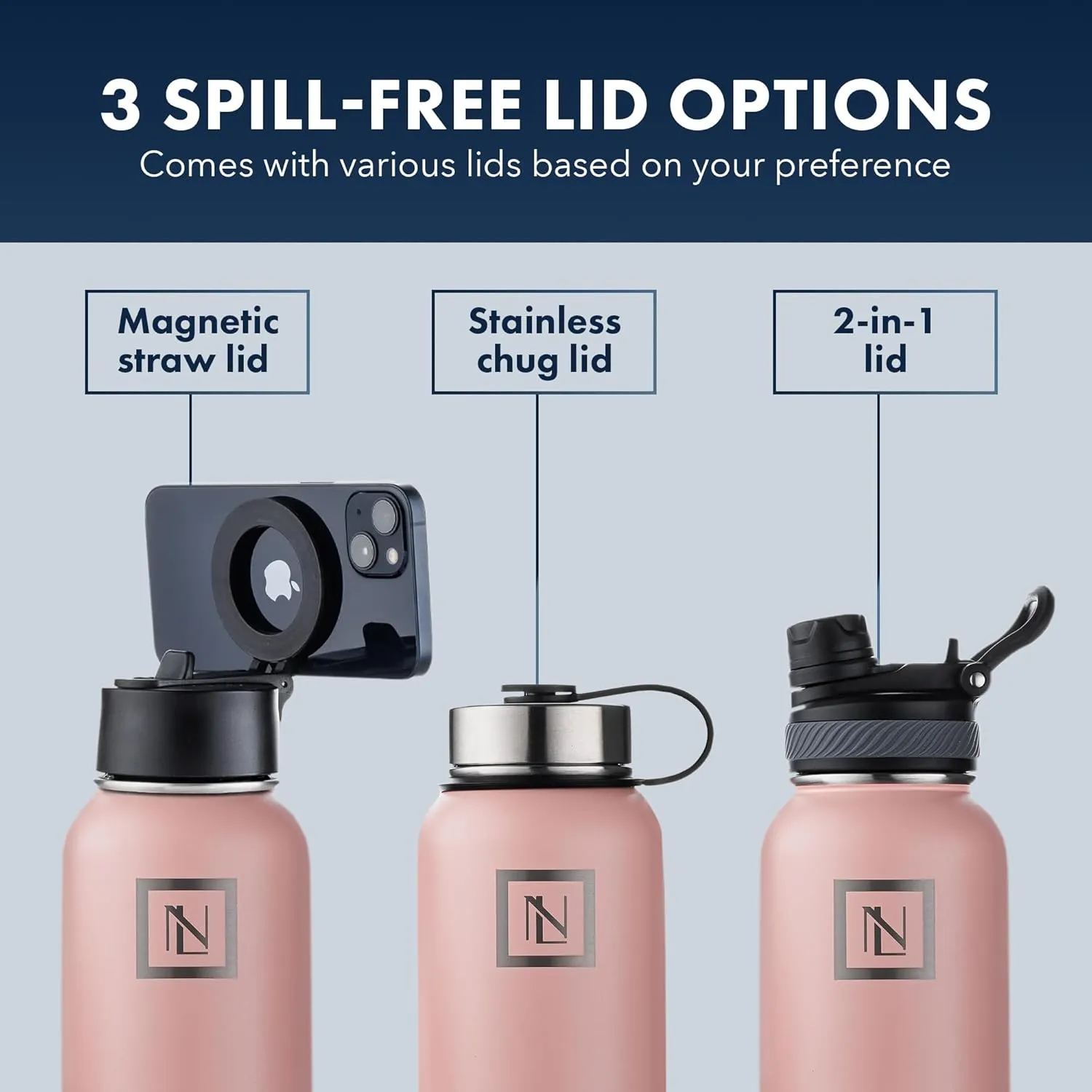 32 Oz Water Bottle With Magnetic Phone Holder Lid, Hydration Flask, Wide Mouth Stainless Steel Water Bottle With 3 Lids Straw & Spout Lid, Double Walled Insulated Thermos (Pink)