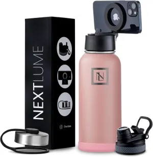 32 Oz Water Bottle With Magnetic Phone Holder Lid, Hydration Flask, Wide Mouth Stainless Steel Water Bottle With 3 Lids Straw & Spout Lid, Double Walled Insulated Thermos (Pink)