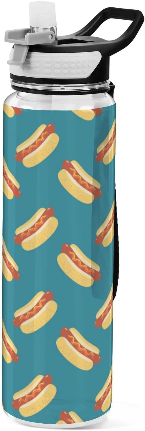 32 oz Water Bottle with Straw Lid Cute Hot Dog Food Blue Leakproof BPA Free Tritan Water Jug with Carrying Strap for Women Men Sports Bottles for Gym Fitness Outdoor