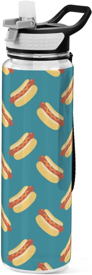 32 oz Water Bottle with Straw Lid Cute Hot Dog Food Blue Leakproof BPA Free Tritan Water Jug with Carrying Strap for Women Men Sports Bottles for Gym Fitness Outdoor